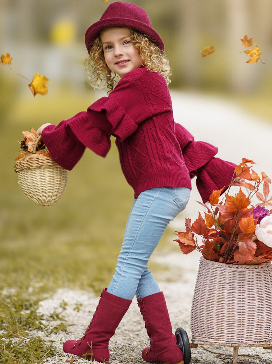 Cute Fall Sweaters | Girls Burgundy Tiered Sleeve Cable Knit Sweater ...