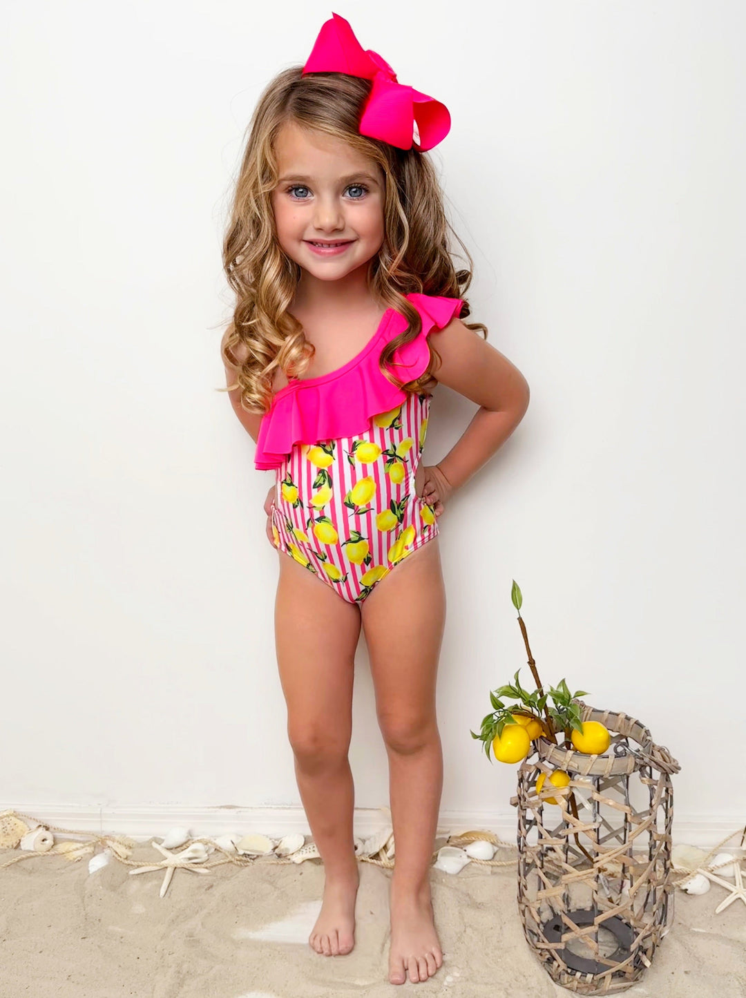 Striped Lemon One Piece Swimsuit And Cover Up | Mia Belle Girls