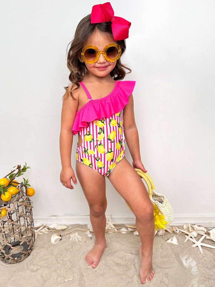 Striped Lemon One Piece Swimsuit And Cover Up | Mia Belle Girls