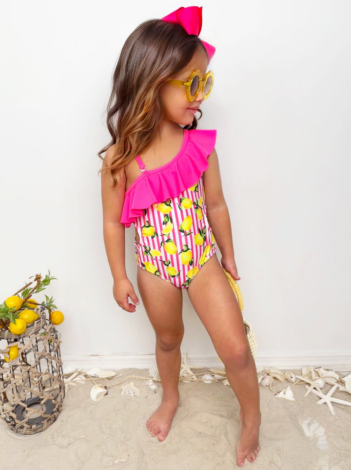 Striped Lemon One Piece Swimsuit And Cover Up | Mia Belle Girls