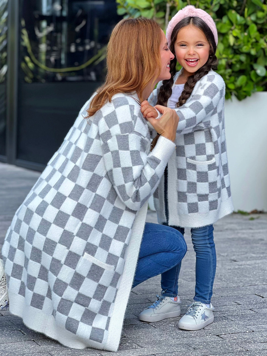 Mommy and Me Checkered Charm Grey Cardigan