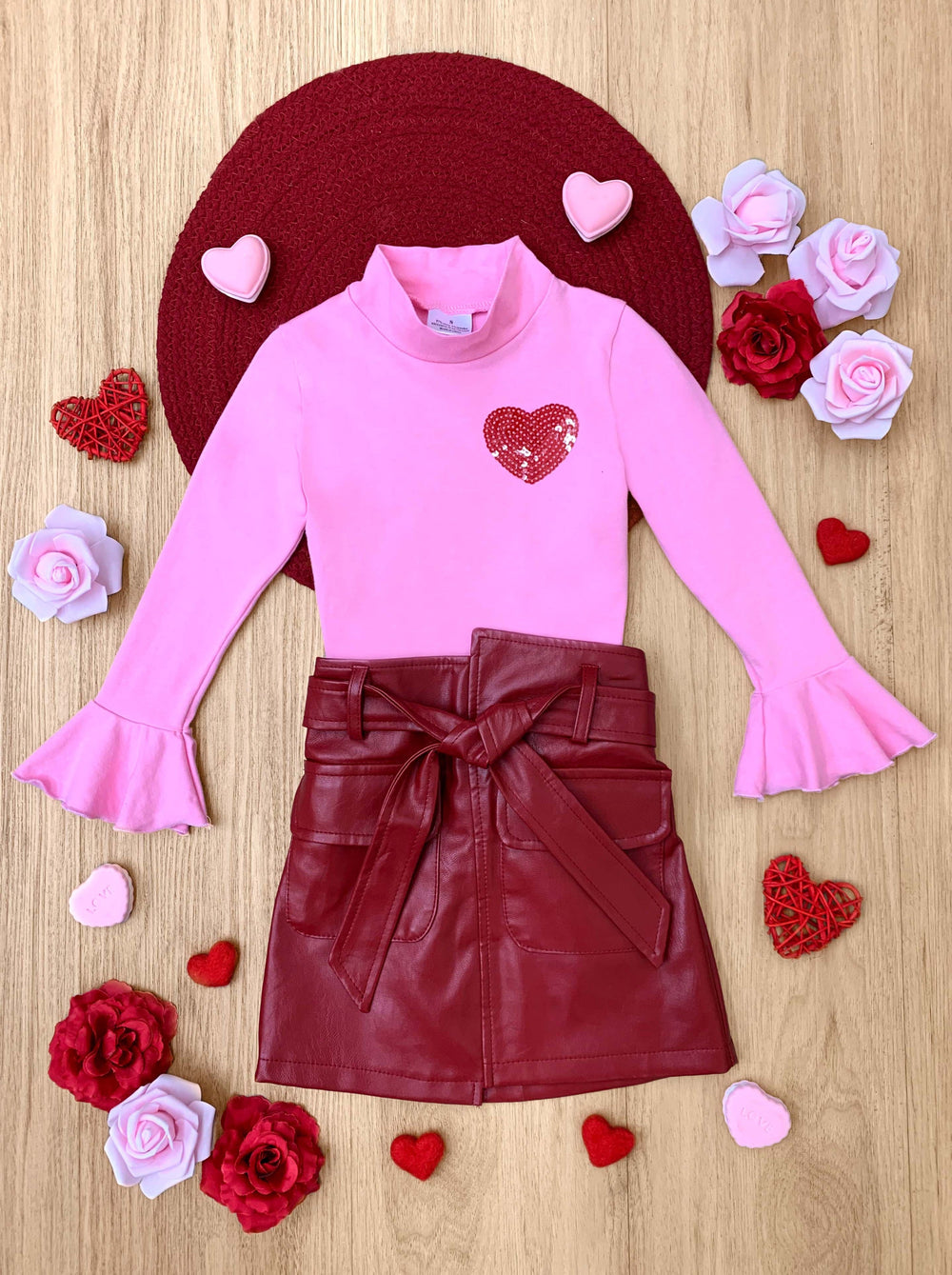 Mia Belle Girls Valentine Flared Cuff Top & Vegan Leather Skirt Set