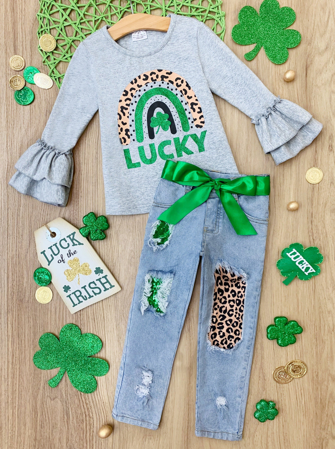 St. Patrick's Day Clothes | Girls Lucky Top & Patched Jeans Set