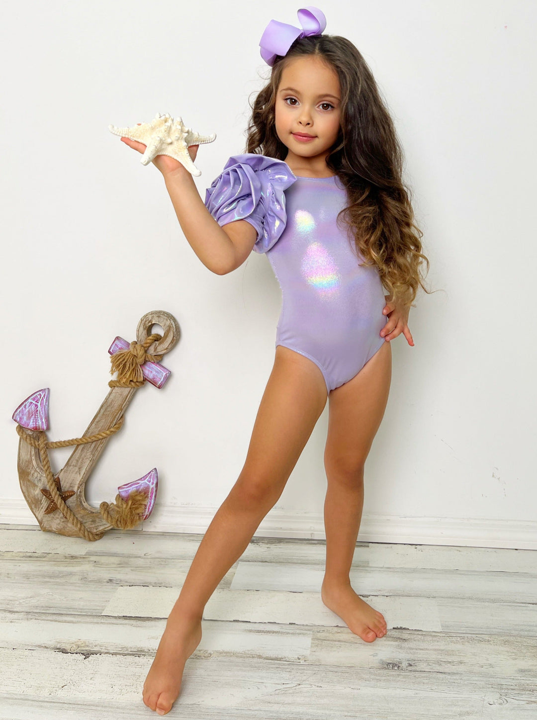 Girls Rose Sleeve Purple One Piece Swimsuit | Mia Belle Girls Swimwear