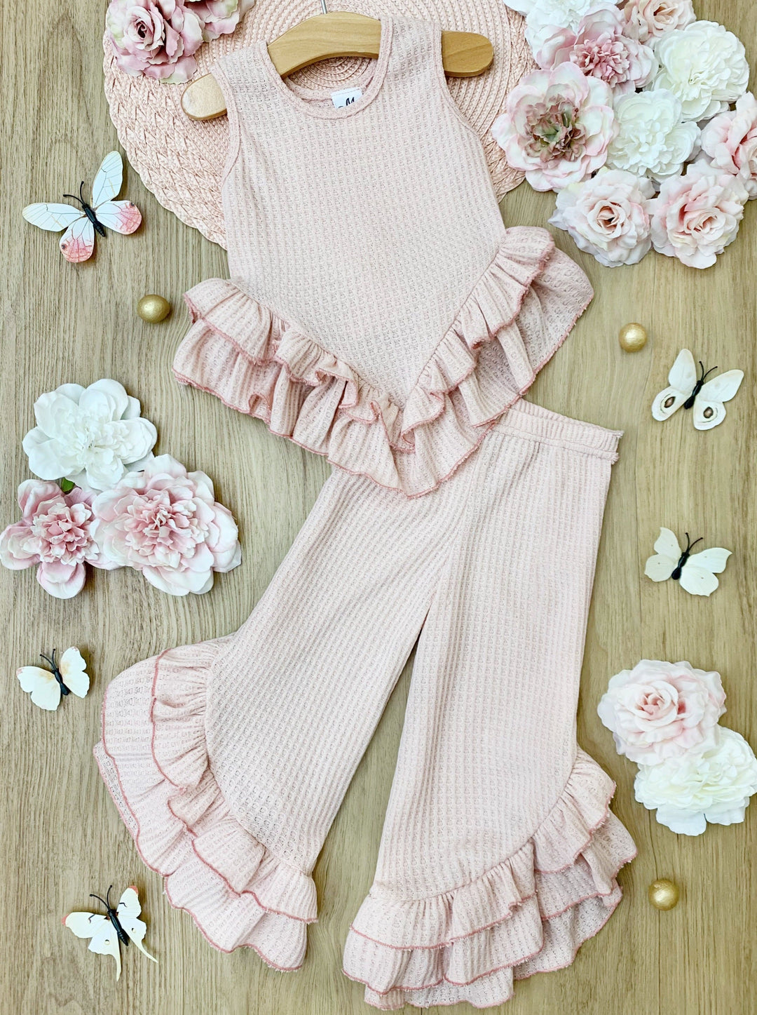 Cute Spring Outfit | Girls Pastel Ruffle Hem Top & Wide Leg Pants Set 