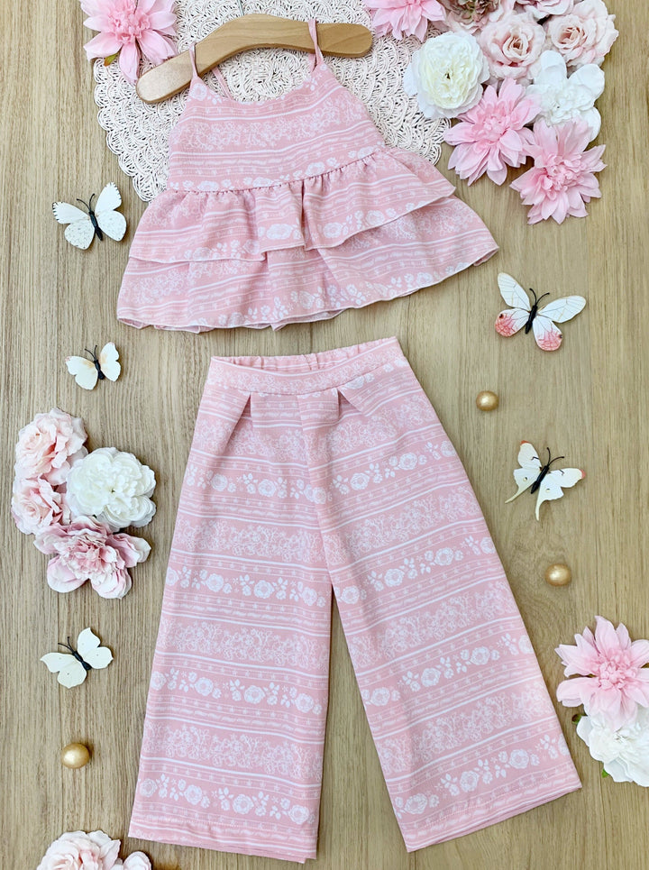 Cute Kids Outfit | Girls Spring Floral Tiered Ruffle Top & Pants Set