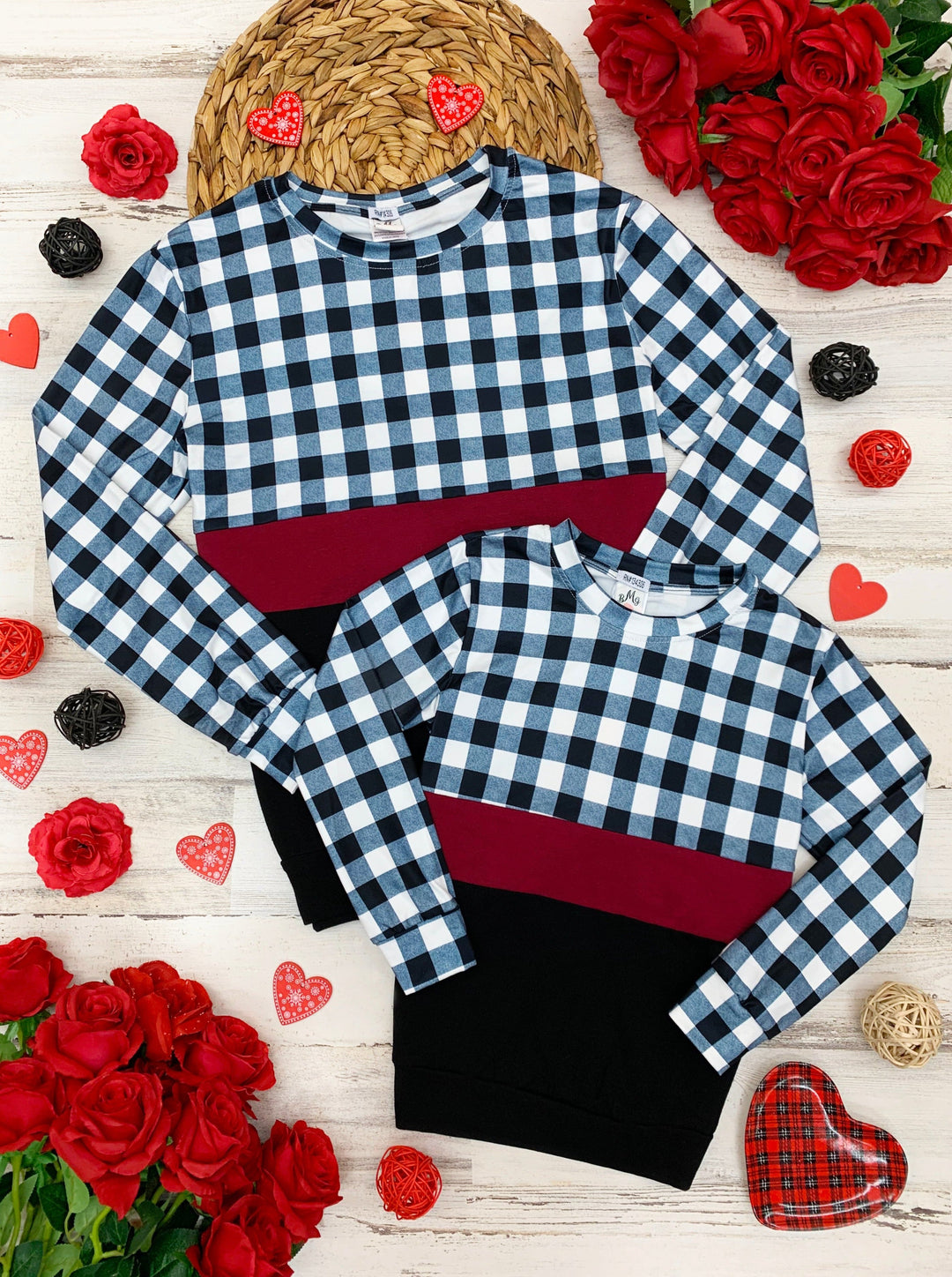 Mommy and Me Matching Tops | Checker Plaid Colorblock Long Sleeve Top