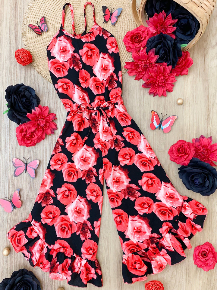 Cute Toddler Outfit | Girls Sleeveless Floral Ruffle Hem Jumpsuit