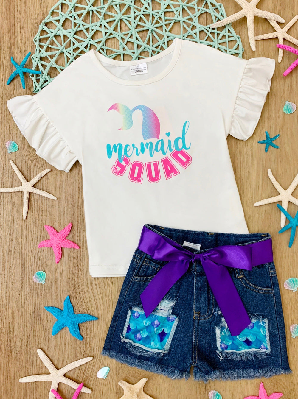 Toddler Spring Clothes | Little Girls Mermaid Tee & Patched Jeans Set