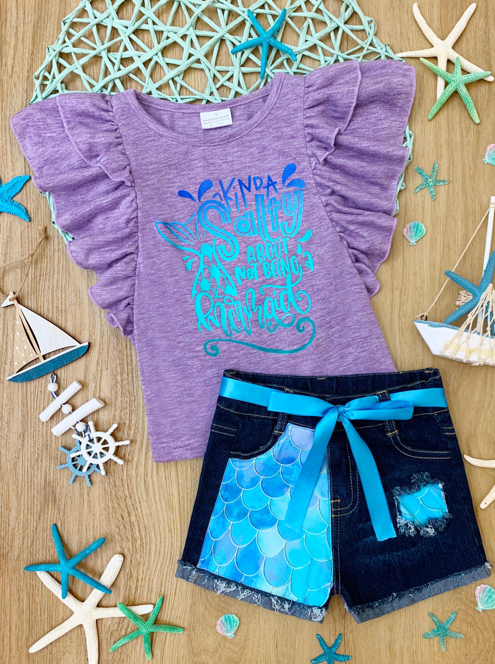 Girls Mermaid Graphic Tee & Patched Denim Shorts Set - Mia Belle Girls