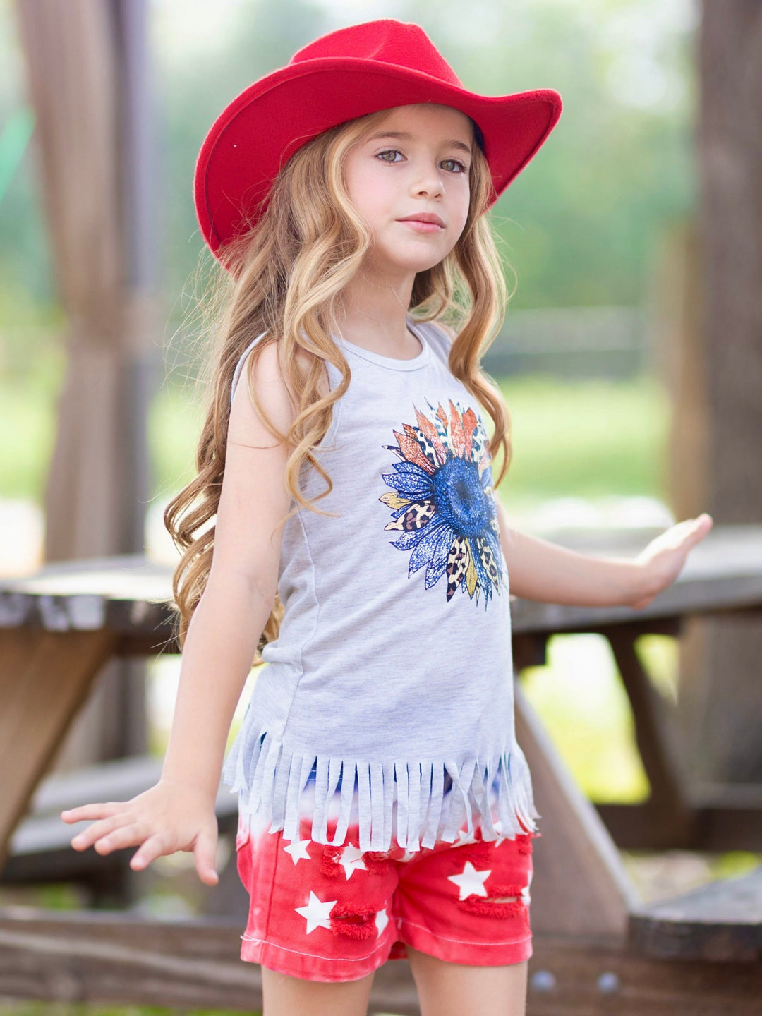 Mia Belle Girls USA Flower Fringe Top And Denim Shorts | 4th of July