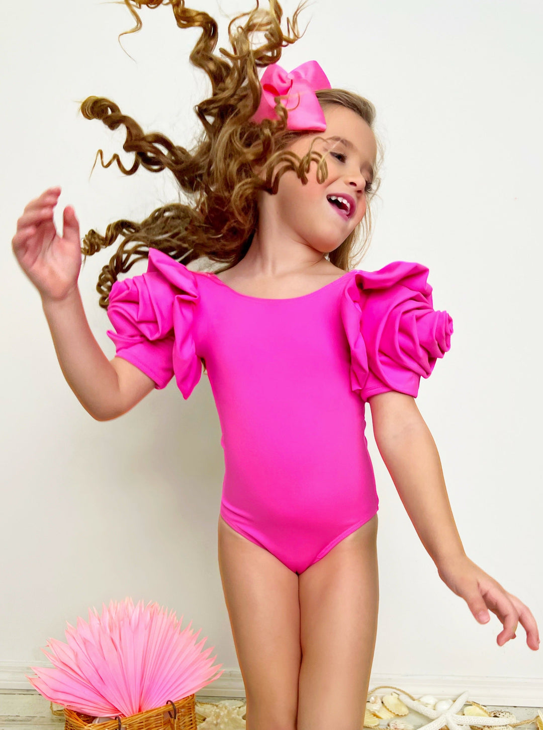 Girls Rose Sleeve Pink One Piece Swimsuit | Mia Belle Girls Swimwear