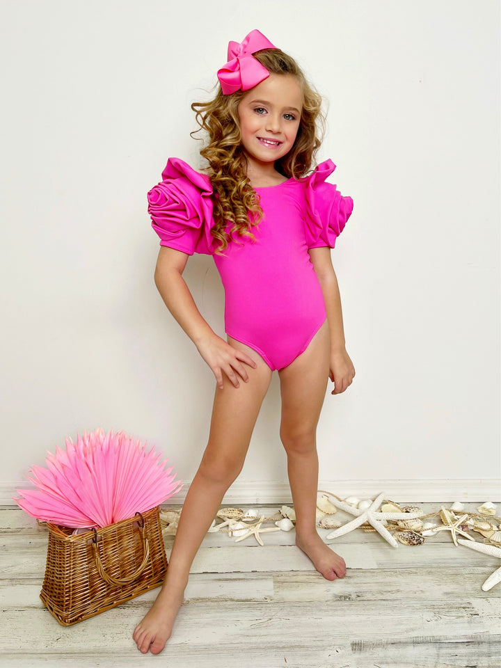 Girls Rose Sleeve Pink One Piece Swimsuit | Mia Belle Girls Swimwear