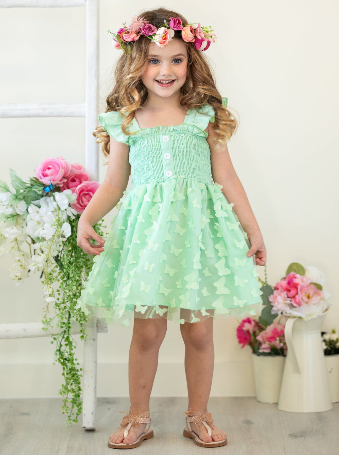 Mia Belle Girls | Green Smocked Butterfly Dress | Girls Spring Dresses