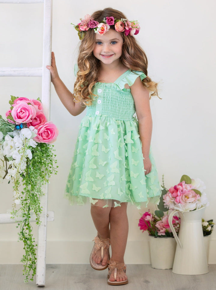 Mia Belle Girls | Green Smocked Butterfly Dress | Girls Spring Dresses