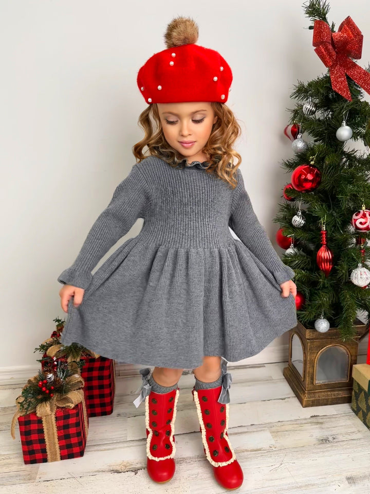 Mia Belle Girls Grey Ruffle Knit Sweater Dress | Girls Winter Dresses