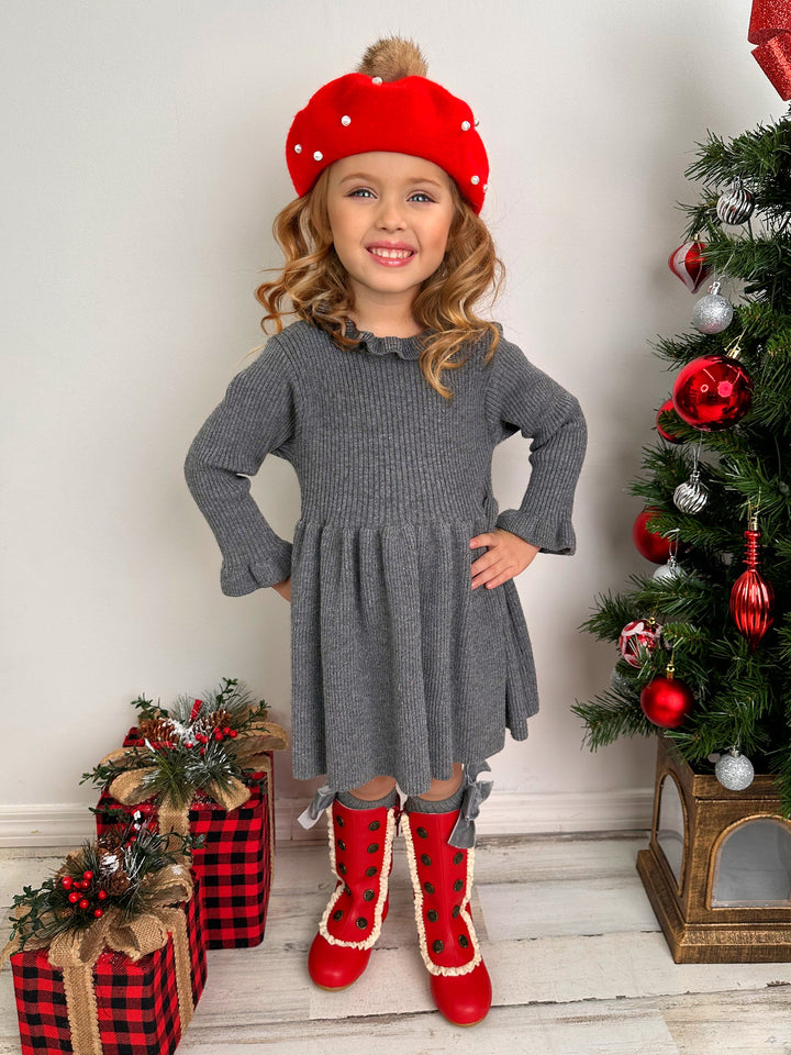 Mia Belle Girls Grey Ruffle Knit Sweater Dress | Girls Winter Dresses