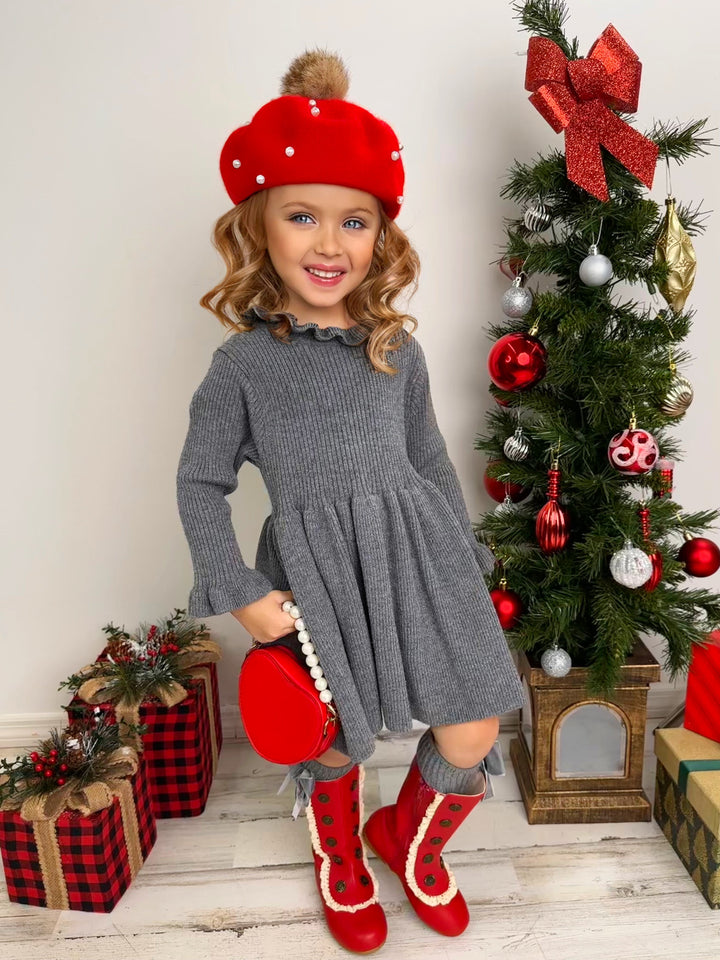 Mia Belle Girls Grey Ruffle Knit Sweater Dress | Girls Winter Dresses