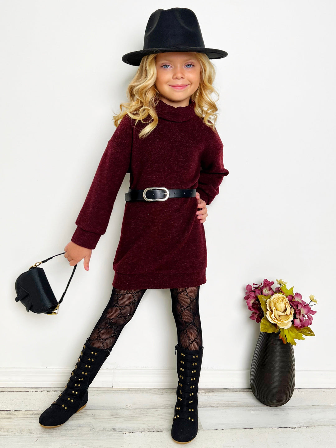 Little Girls Fall Turtleneck Belted Sweater Dress - Mia Belle Girls