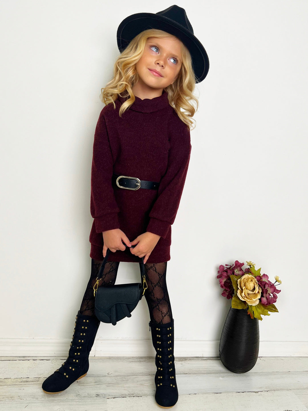 Little Girls Fall Turtleneck Belted Sweater Dress - Mia Belle Girls