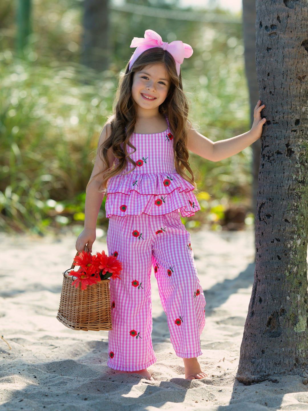 Beach Blossom Gingham Embroidered Peplum Top and Pants Set