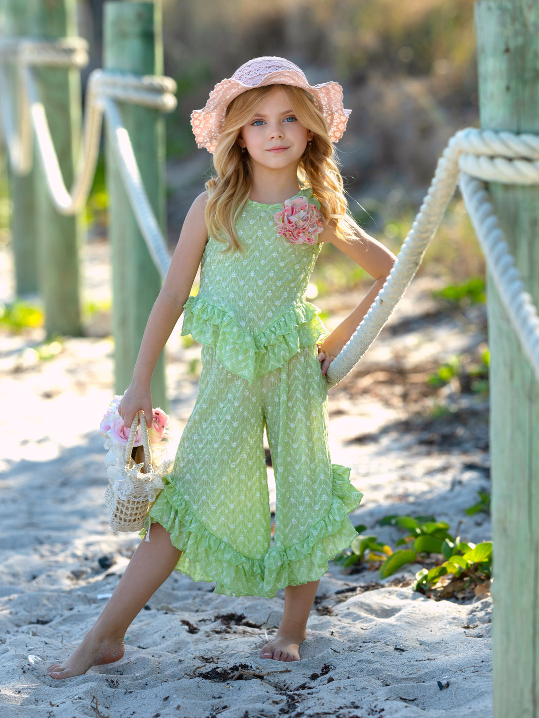 Sage Oasis Lace Top and Ruffle Pants Set