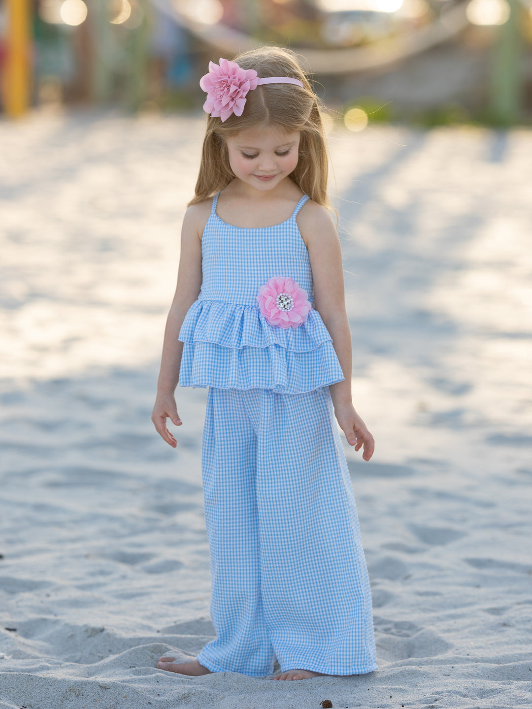 Blue Skies Gingham Top and Palazzo Pants Set