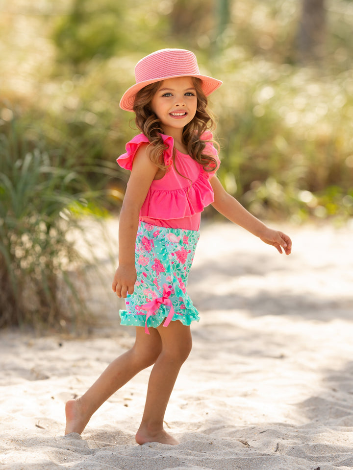 Tropical Bloom Ruffle Top and Floral Shorts Set