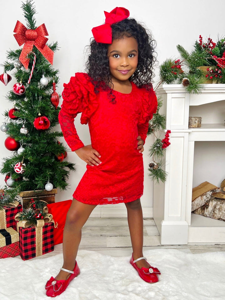 Mia Belle Girls Rosette Sleeve Red Lace Dress | Girls Winter Dresses