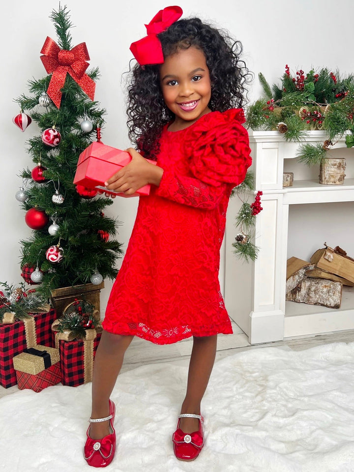 Mia Belle Girls Rosette Sleeve Red Lace Dress | Girls Winter Dresses