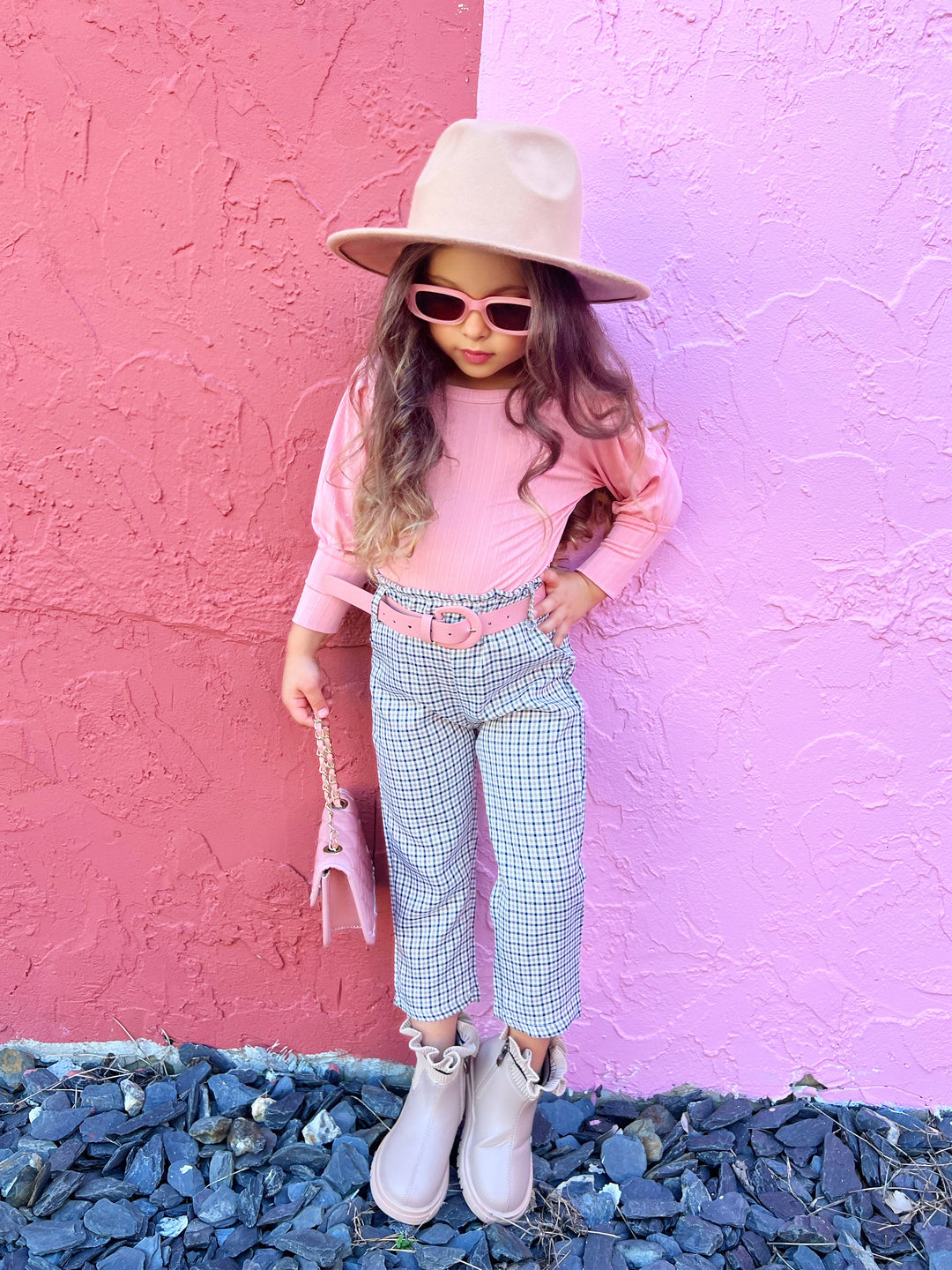 Toddler Fall Outfits | Girls Long Sleeve Top & Plaid Belted Pants Set