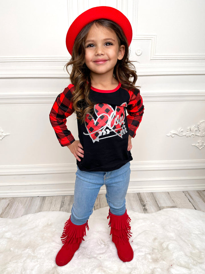 Kids Valentine's Clothes | Girls Love Buffalo Plaid Raglan Graphic Top