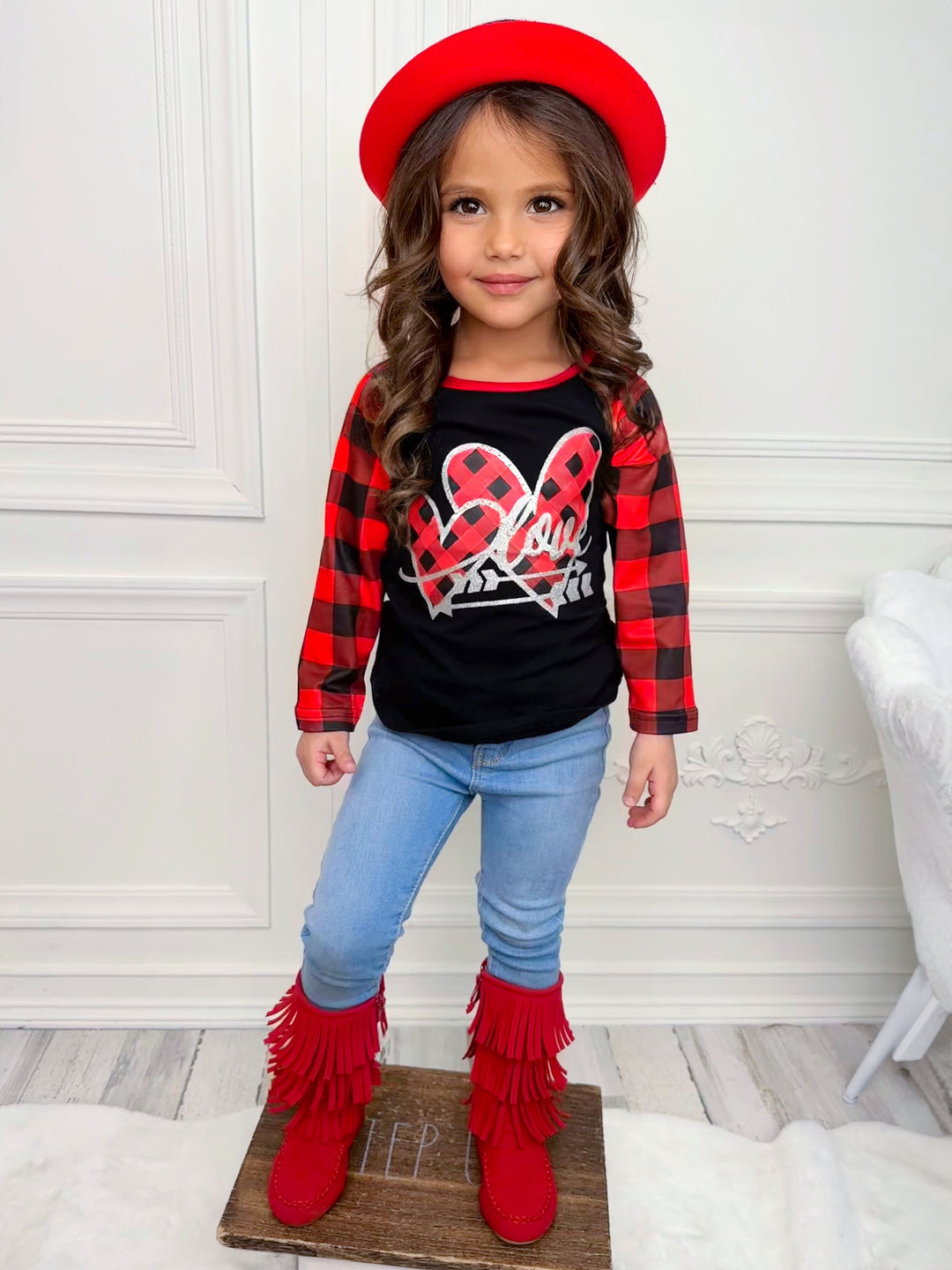 Kids Valentine's Clothes | Girls Love Buffalo Plaid Raglan Graphic Top