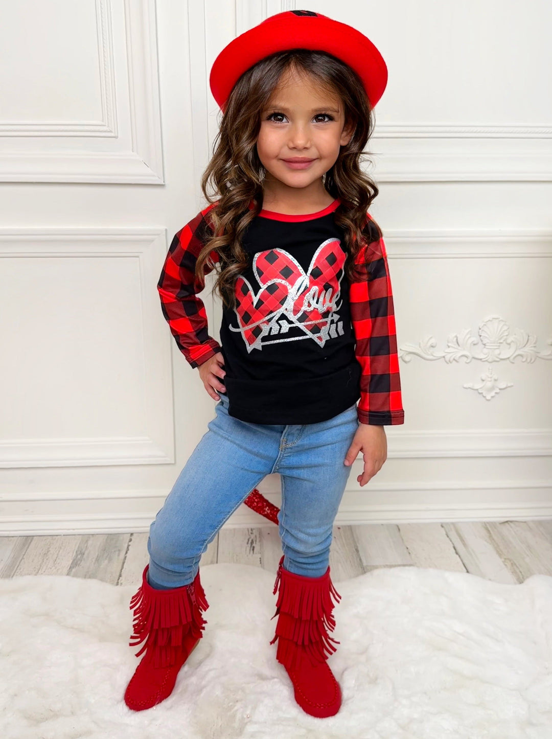 Kids Valentine's Clothes | Girls Love Buffalo Plaid Raglan Graphic Top