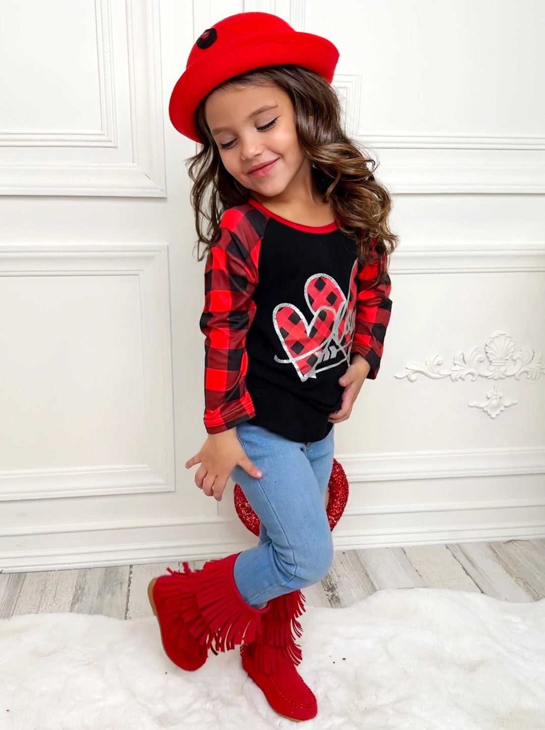 Kids Valentine's Clothes | Girls Love Buffalo Plaid Raglan Graphic Top