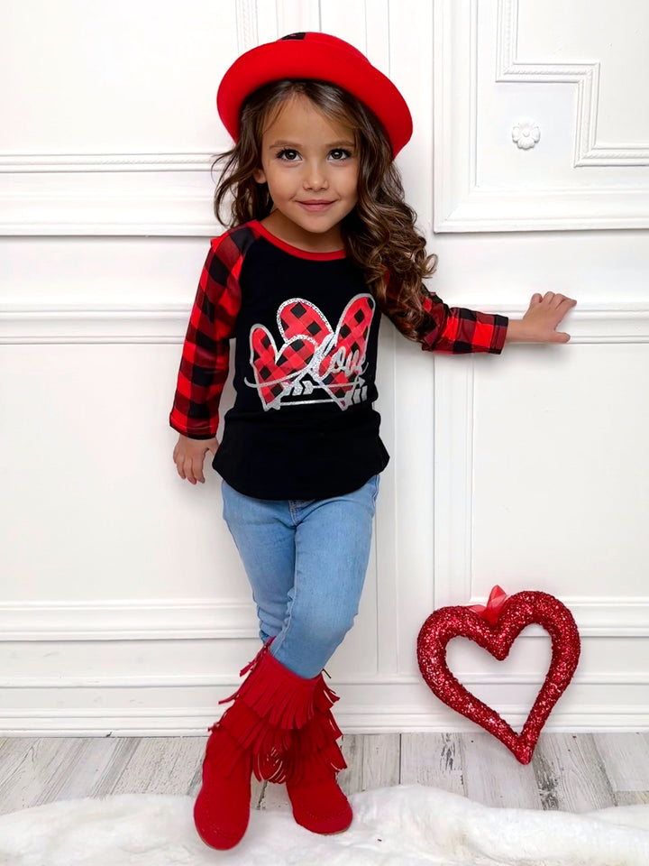 Kids Valentine's Clothes | Girls Love Buffalo Plaid Raglan Graphic Top