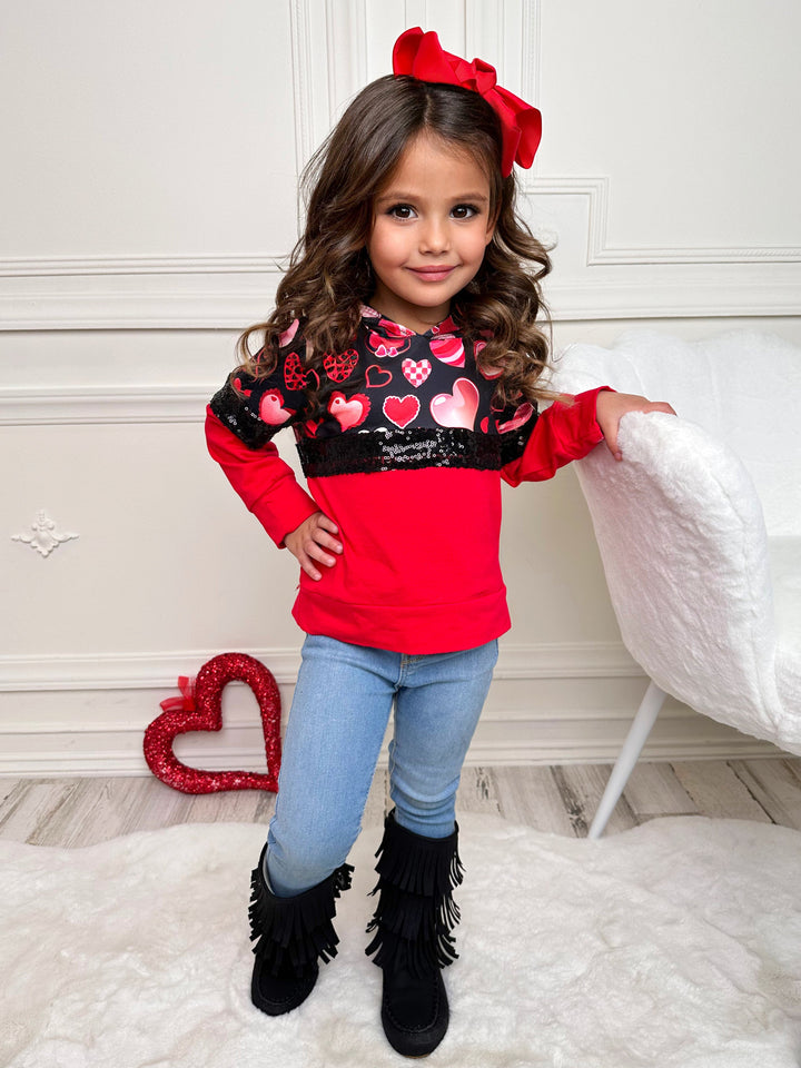 Valentine's Tops For Girls | Sparkling Hearts Colorblock Hoodie