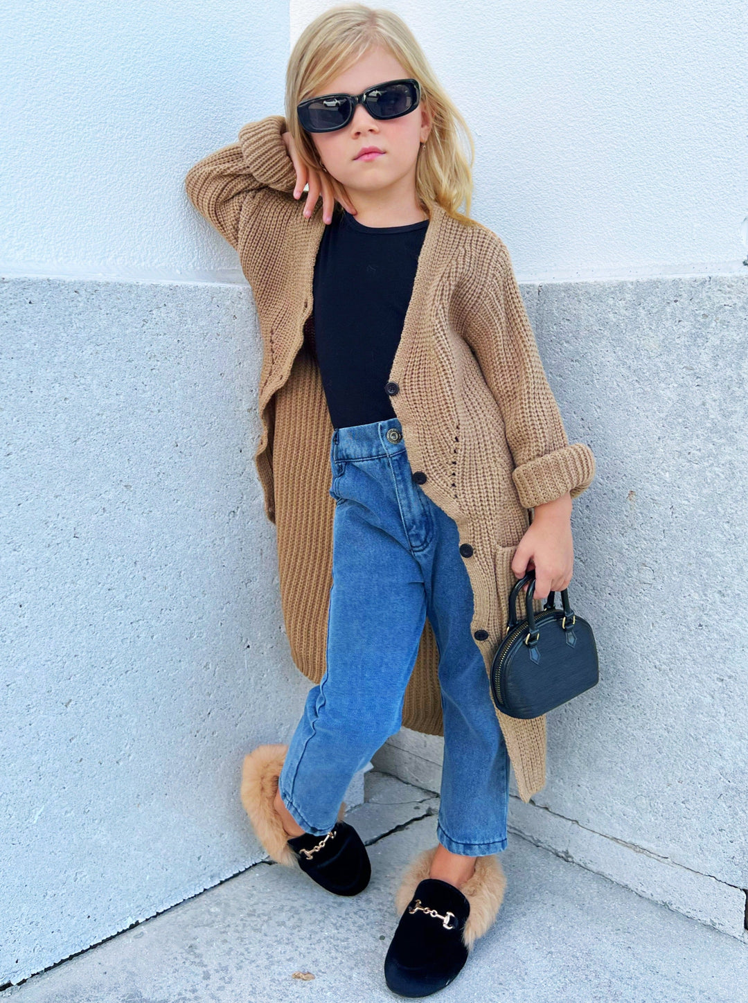 Mia Belle Girls Oversized Knit Beige Cardigan 