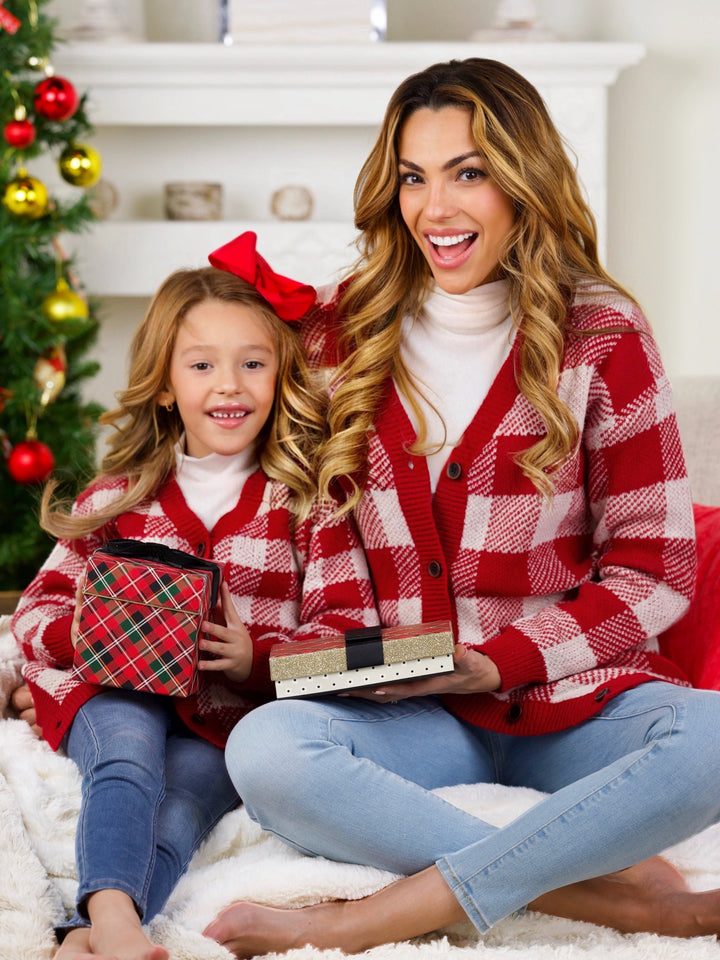 Mommy and Me Burgundy and White Checkered Oversized Cardigan