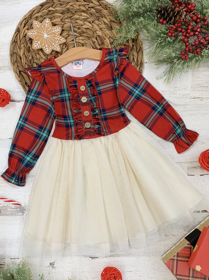 Girls Long Sleeved Tartan Plaid Ruffled Tutu Dress - Mia Belle Girls