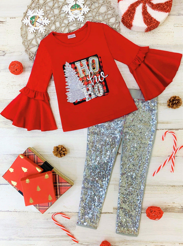 Cute Winter Sets | Girls Ho Ho Ho Bell Sleeve Top & Sequin Legging Set