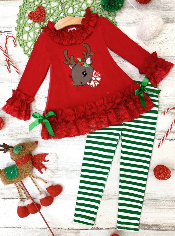 Cute Winter Sets | Girls Rudolph Ruffle Tunic And Striped Legging Set