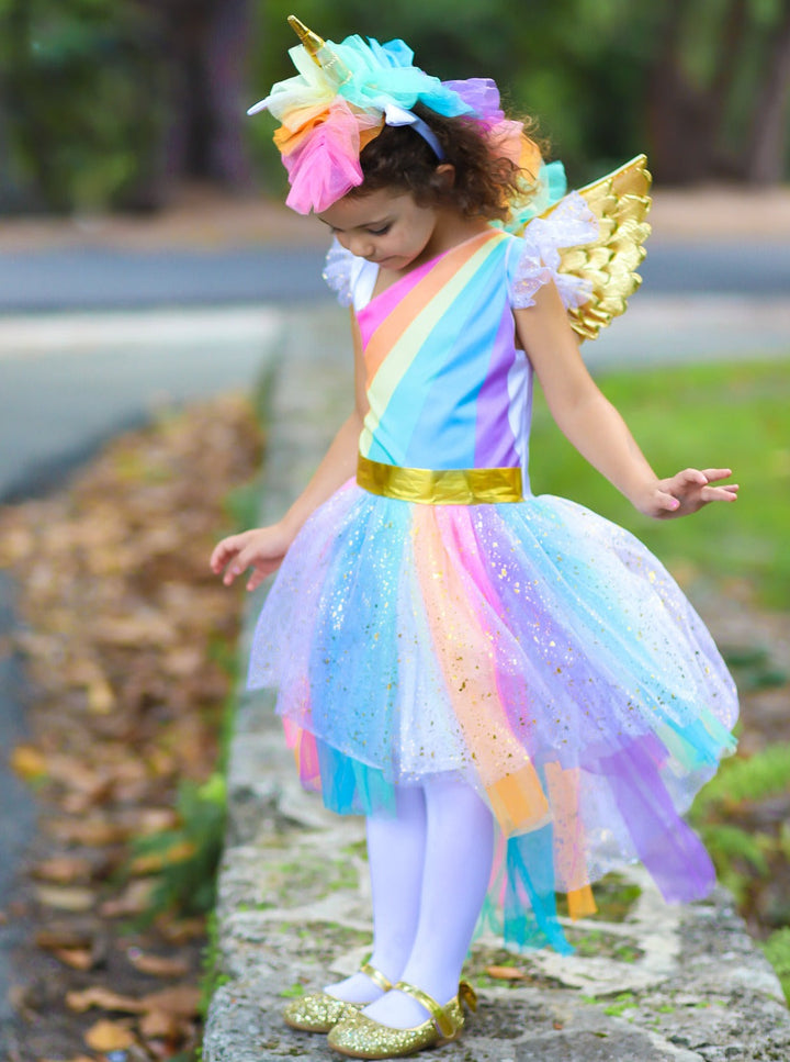 Kids Halloween Costumes | Girls Rainbow Unicorn Hi Lo Tutu Costume