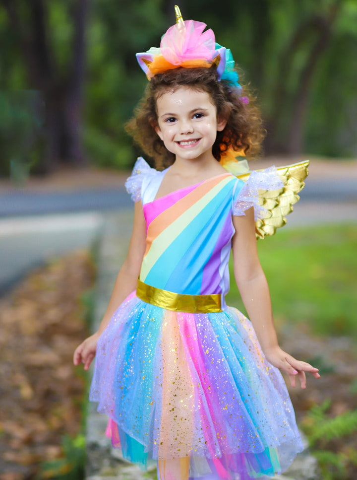 Kids Halloween Costumes | Girls Rainbow Unicorn Hi Lo Tutu Costume