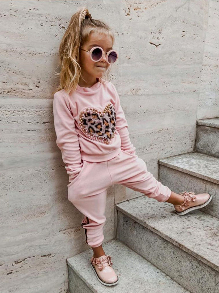 Girls Leopard Pearl Heart Jogger Set | Loungewear - Mia Belle Girls