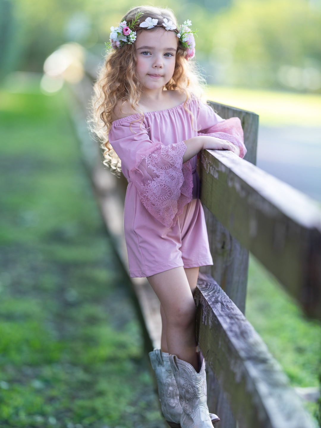 Kids Spring Outfits | Little Girls Boho Lace Sleeve Pastel Romper