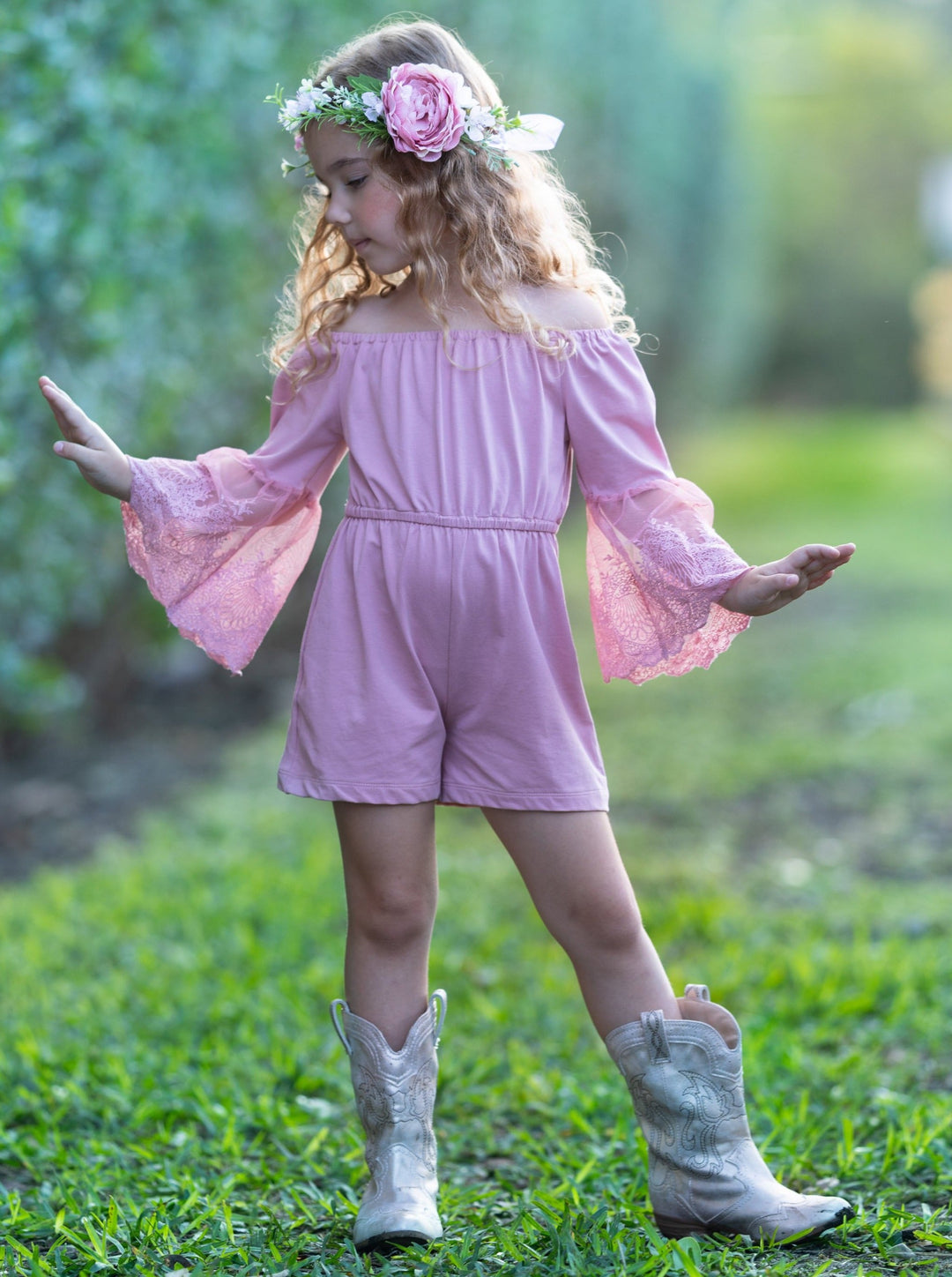 Kids Spring Outfits | Little Girls Boho Lace Sleeve Pastel Romper