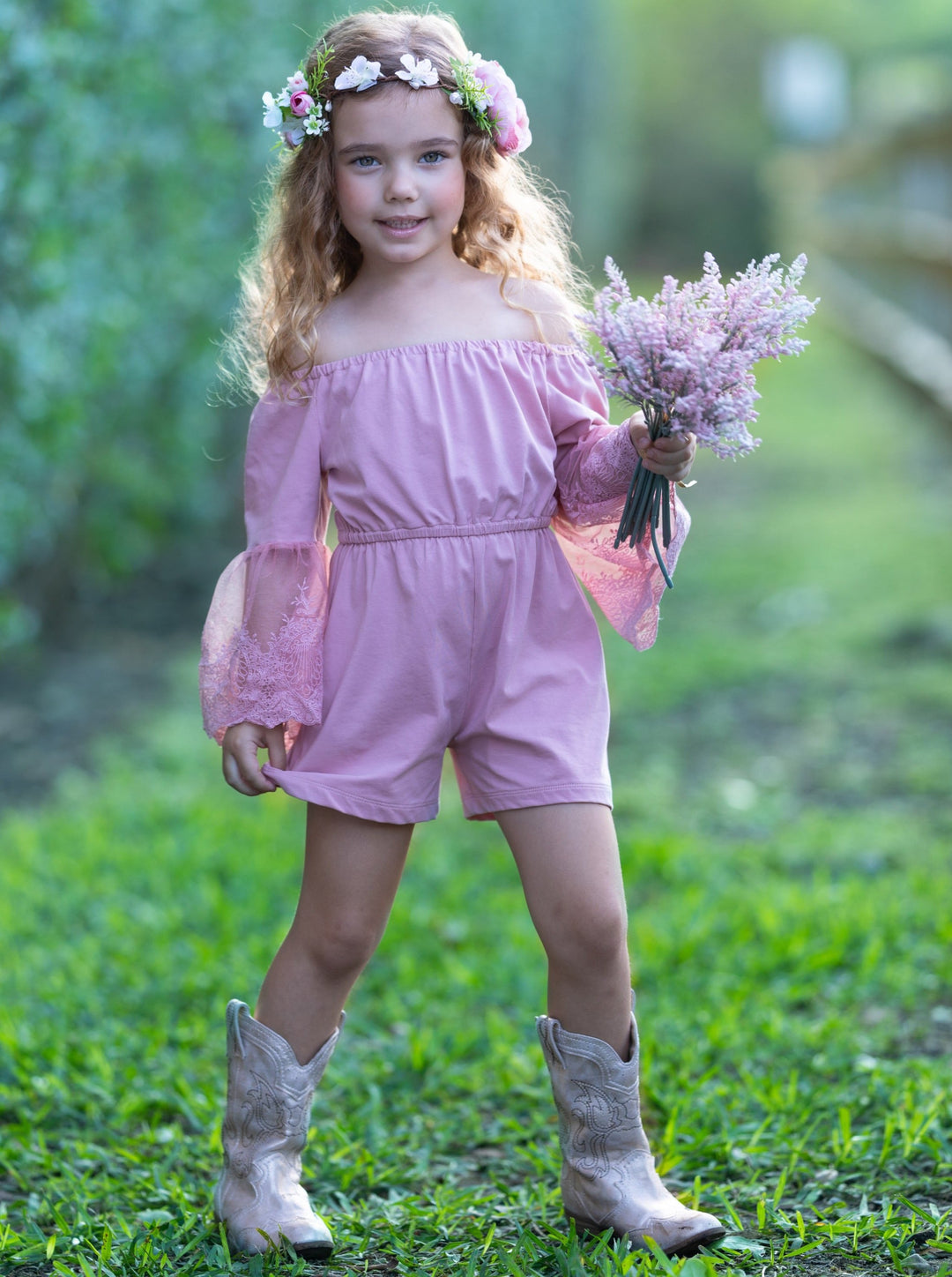 Kids Spring Outfits | Little Girls Boho Lace Sleeve Pastel Romper