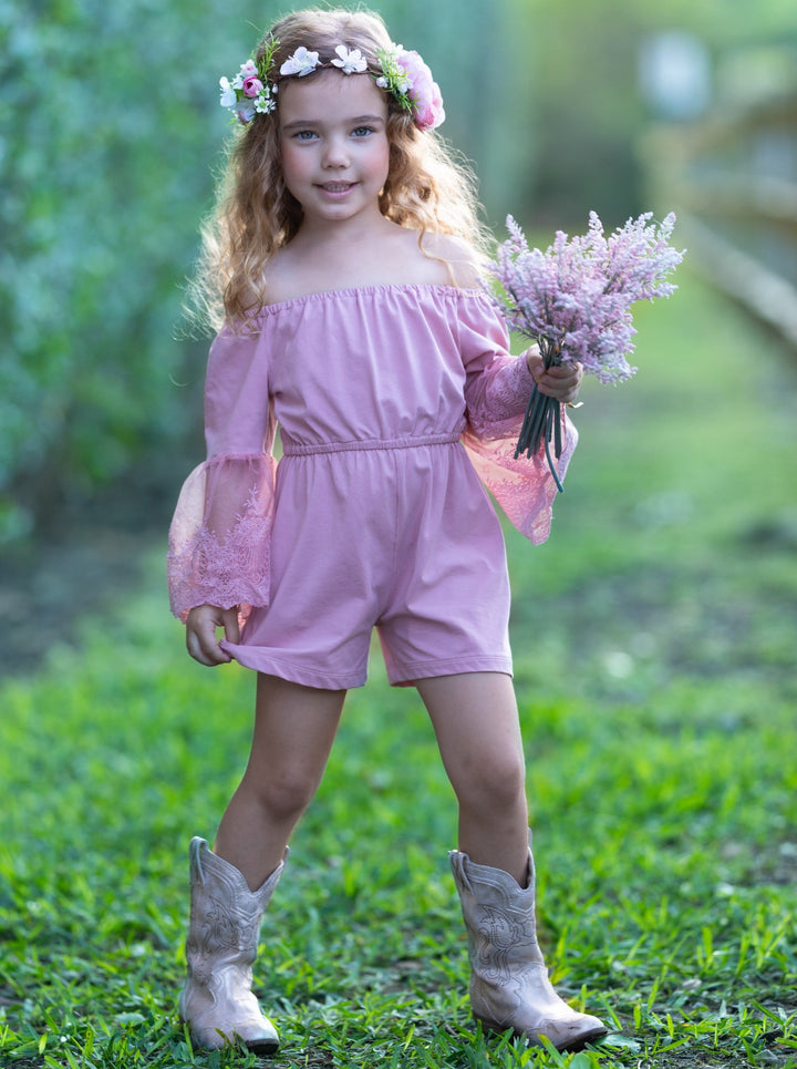 Kids Spring Outfits | Little Girls Boho Lace Sleeve Pastel Romper