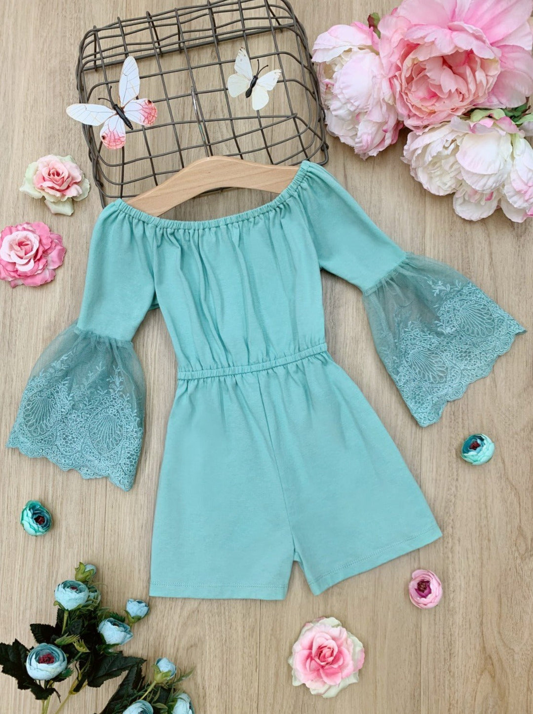 Kids Spring Outfits | Little Girls Boho Lace Sleeve Pastel Romper